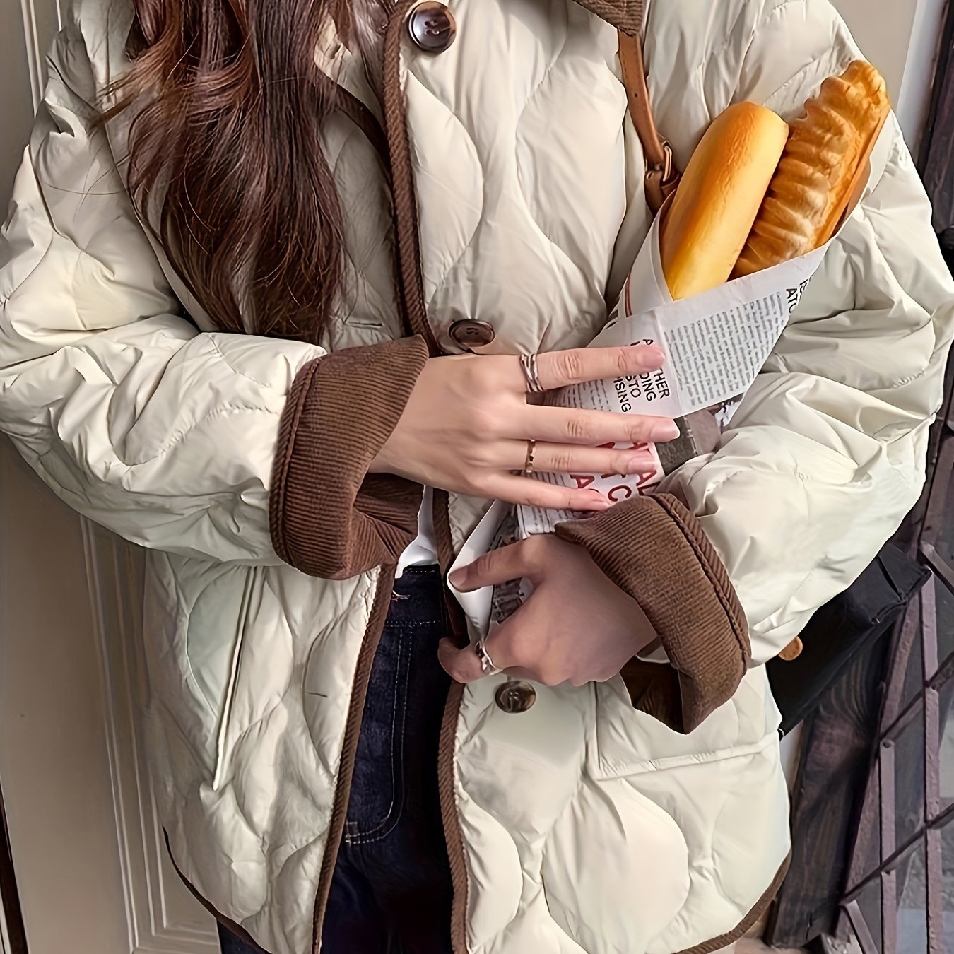 Women's Navy Blue Quilted Jacket with Faux Fur Trim Long Sleeve Winter Outerwear