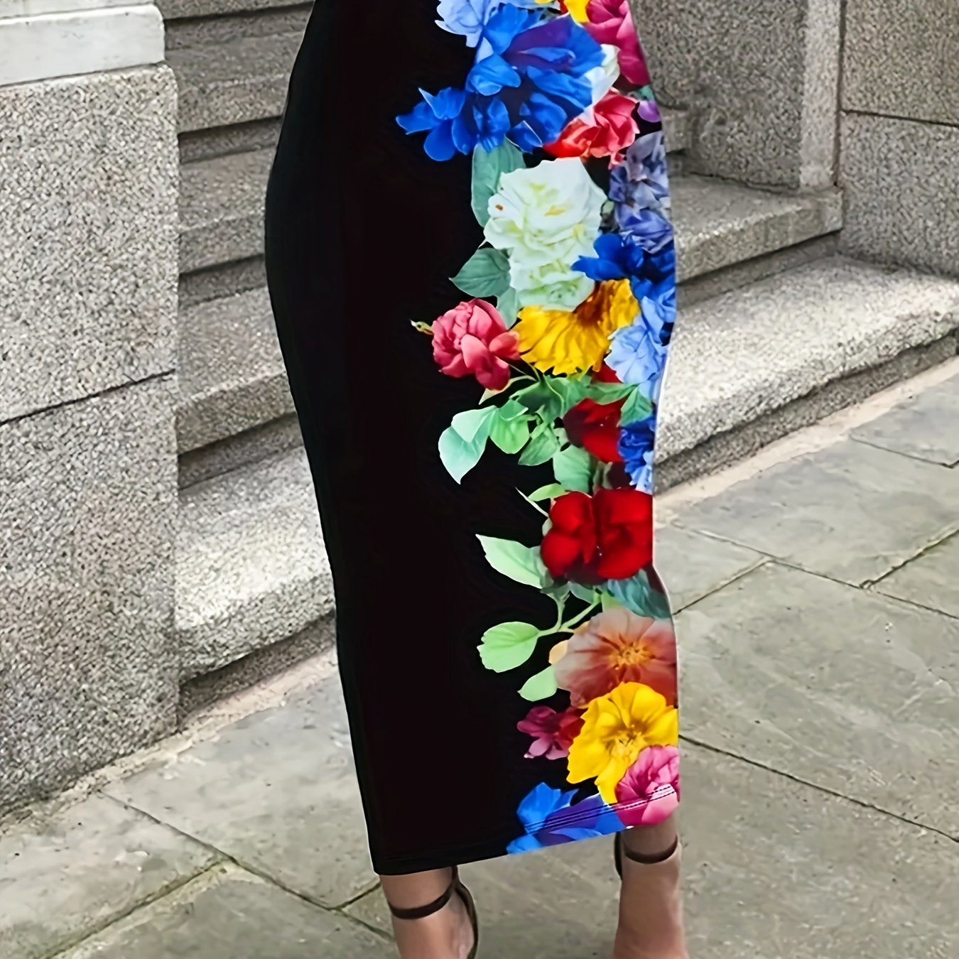 Plus Size Floral Print Bodycon Midi Skirt Stretchy Pencil Skirt All-Season