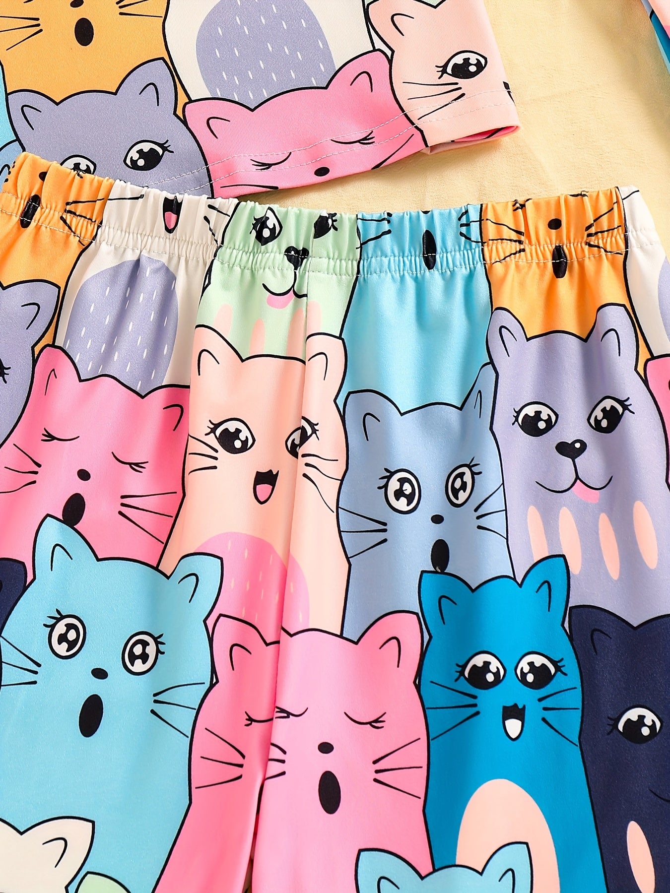 3-qismli pijama to'plami qizlar uchun mushuk printli dam olish kiyimlari