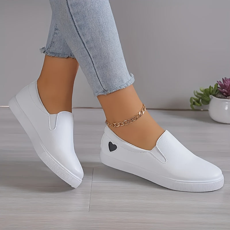 Women's White Slip-On Sneakers with Red Heart, Lightweight, All-Season