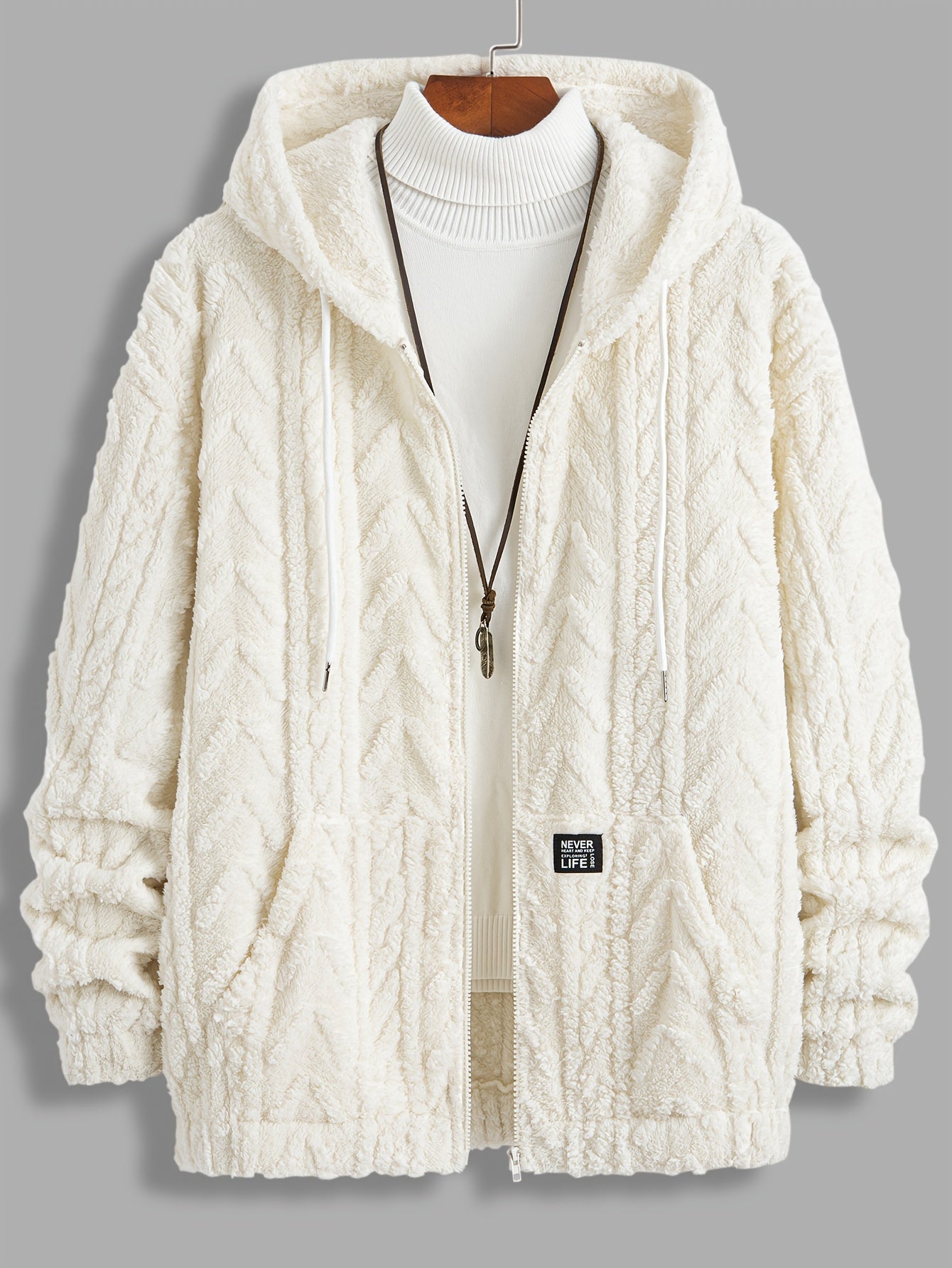 Men's Plush Jacquard Hoodie with Tassel Detail and Contrast Drawstring for Casual Winter Wear