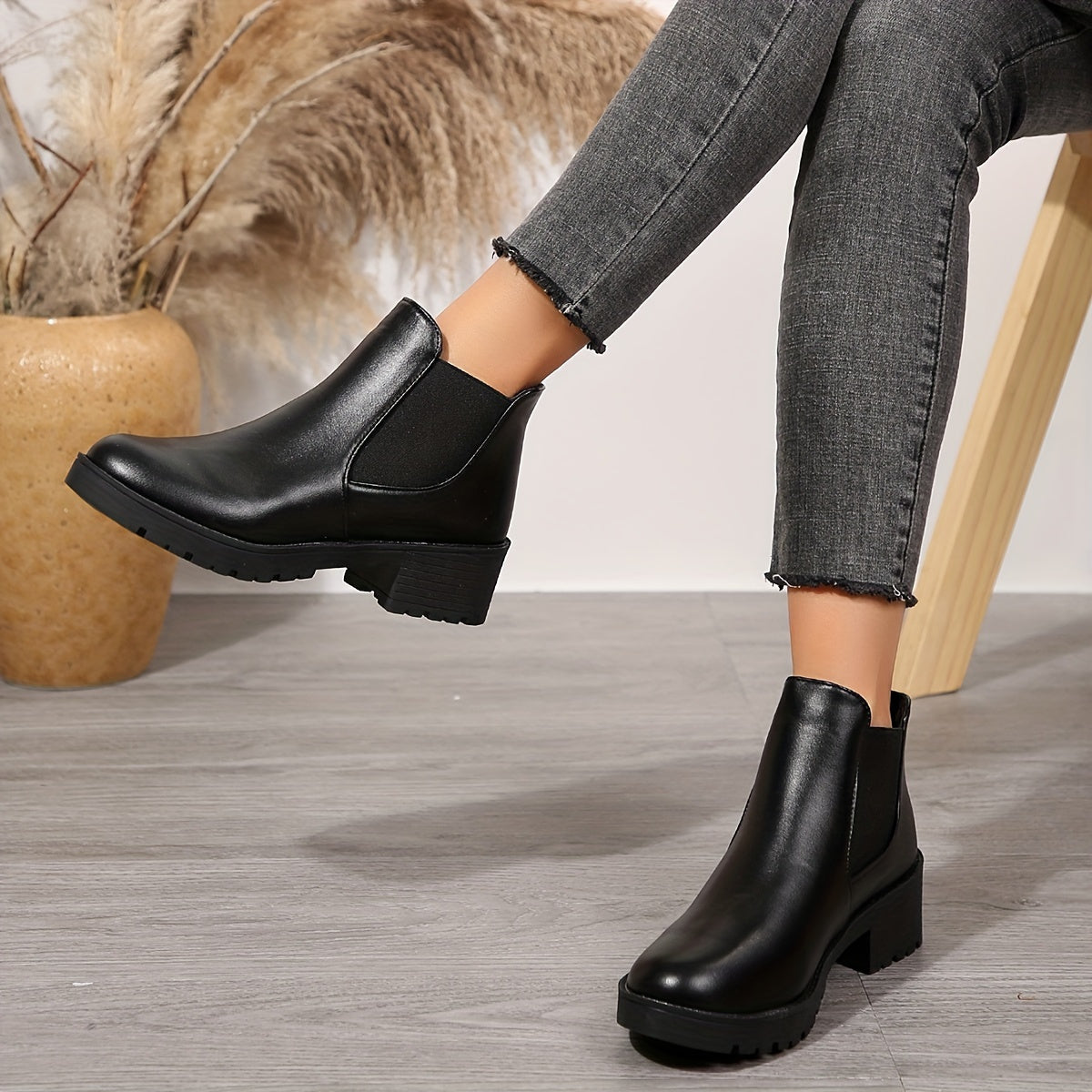 Women's Faux Leather Chelsea Boots Black Low Heel Slip-On Ankle Shoes