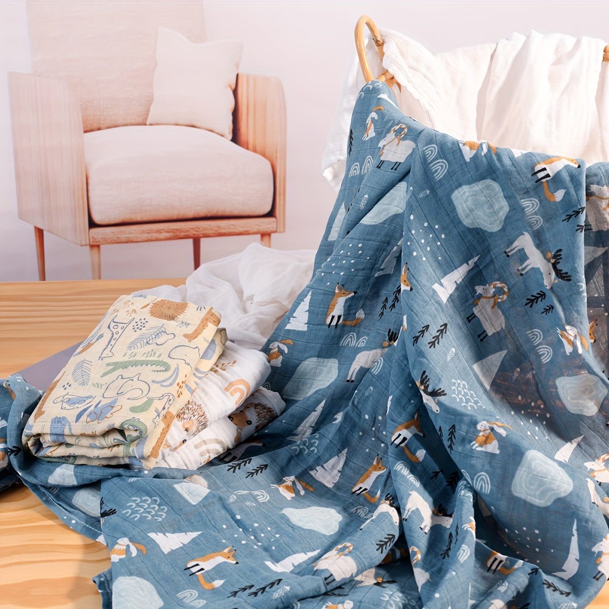 Set of Three Muslin Baby Swaddle Blankets 0-3 Years Cotton Breathable Reusable