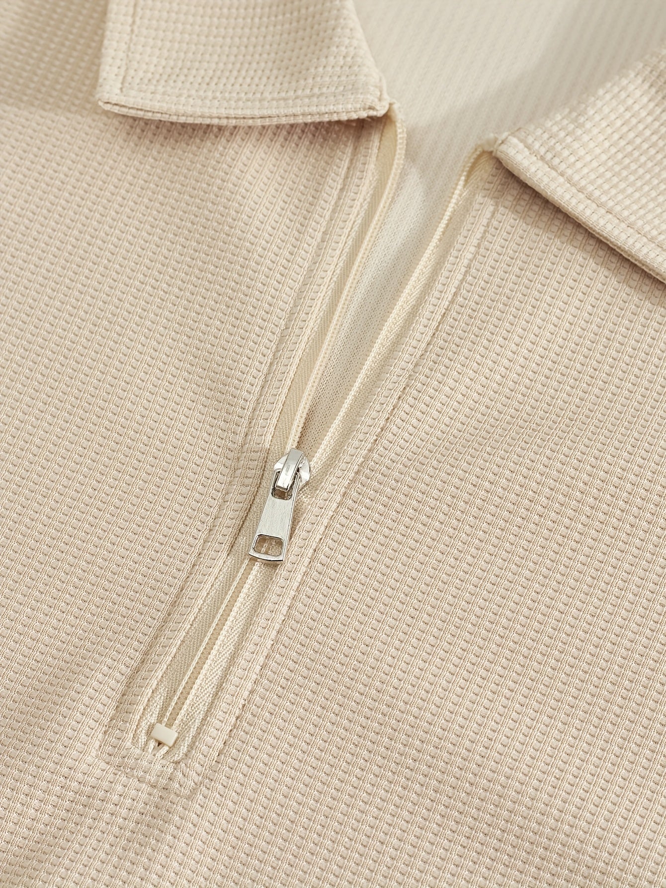 Men's Casual Outfit Waffle Knit Short Sleeve Zip-Up Shirt and Drawstring Pants Black Polyester Blend Summer