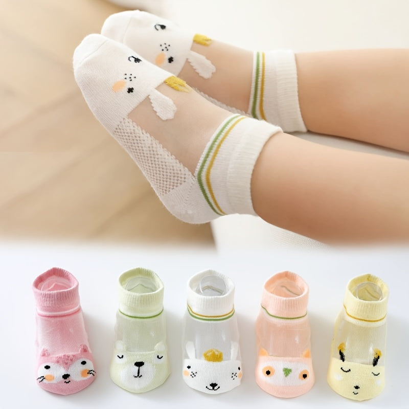 Girls' Mid-Calf Cartoon Animal Socks Set 5 Pairs Soft Polyester All-Season