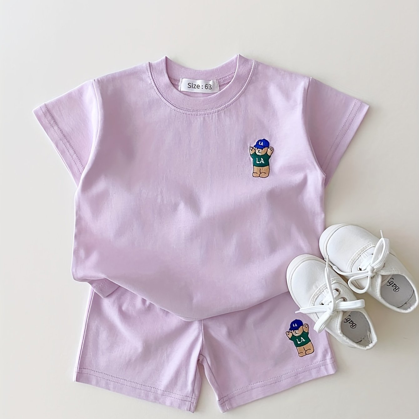 Детский комплект шортов повседневных из хлопкового смесового материала с коротким рукавом, мультяшный медведь, лето, для мужчин, женщин и детей