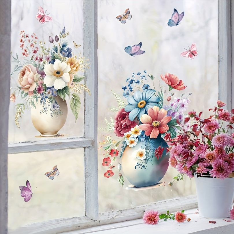 Juego de 2 pegatinas electrostáticas para ventanas con flores en maceta para decoración del hogar en sala de estar y baño
