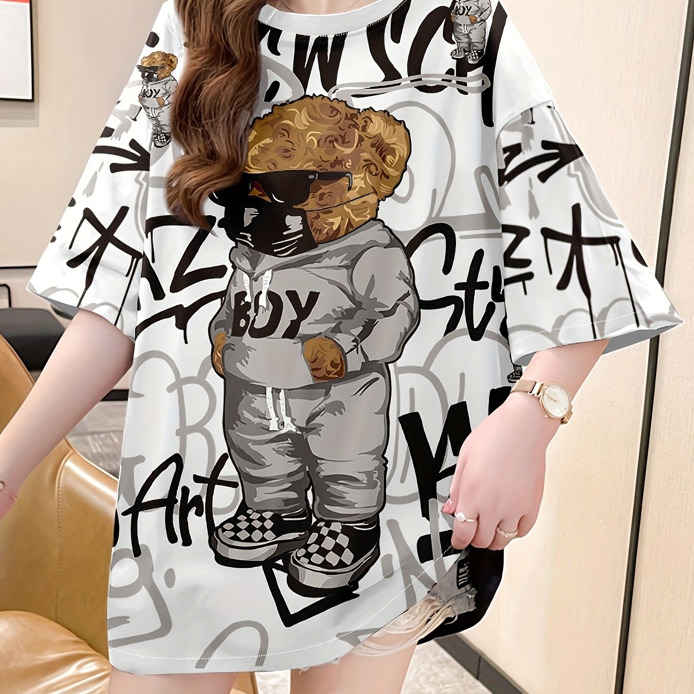 Women's Cartoon Print Casual T-Shirt Short Sleeve Loose Fit Polyester Elastane Long Length