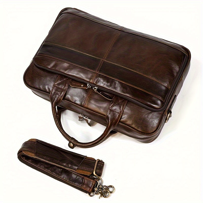 Men's Genuine Leather Briefcase with Laptop Compartment and Adjustable Shoulder Strap