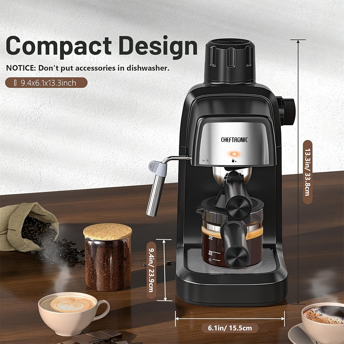 Portable Black Espresso Maker with Milk Froth 4 Cups 800W Cappuccino Latte