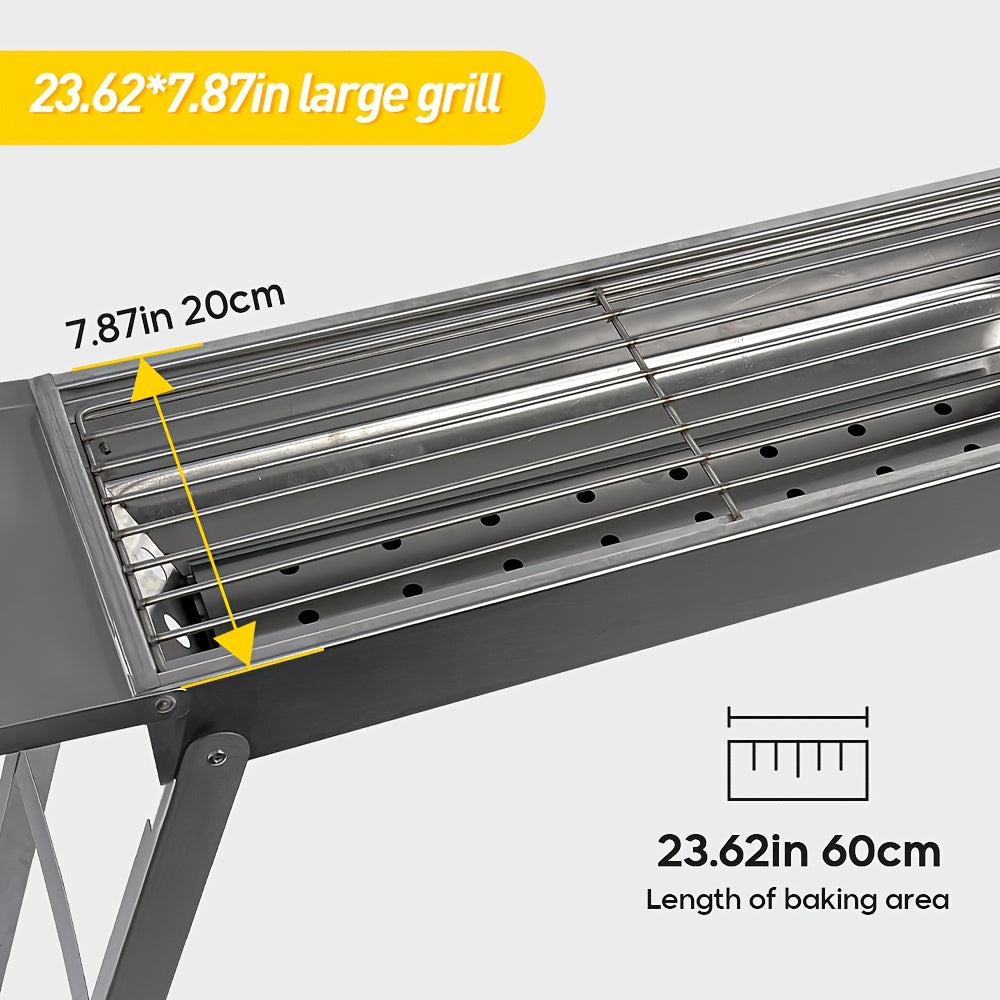 Stainless steeldan tayyorlangan portativ bukadigan barbekü grill, 23.62 dyuymli grill va ikki eshikli ziravorlar uchun idish. Qora saqlash sumkasi bilan ta'minlangan, ochiq havoda barbekü uchun 2-3 kishi uchun mos.