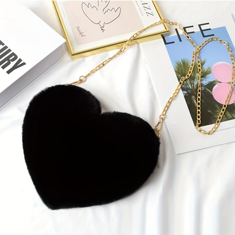 Heart-Shaped Fluffy Faux Fur Shoulder Bag Zipper Closure for Valentine's Day and Casual Use
