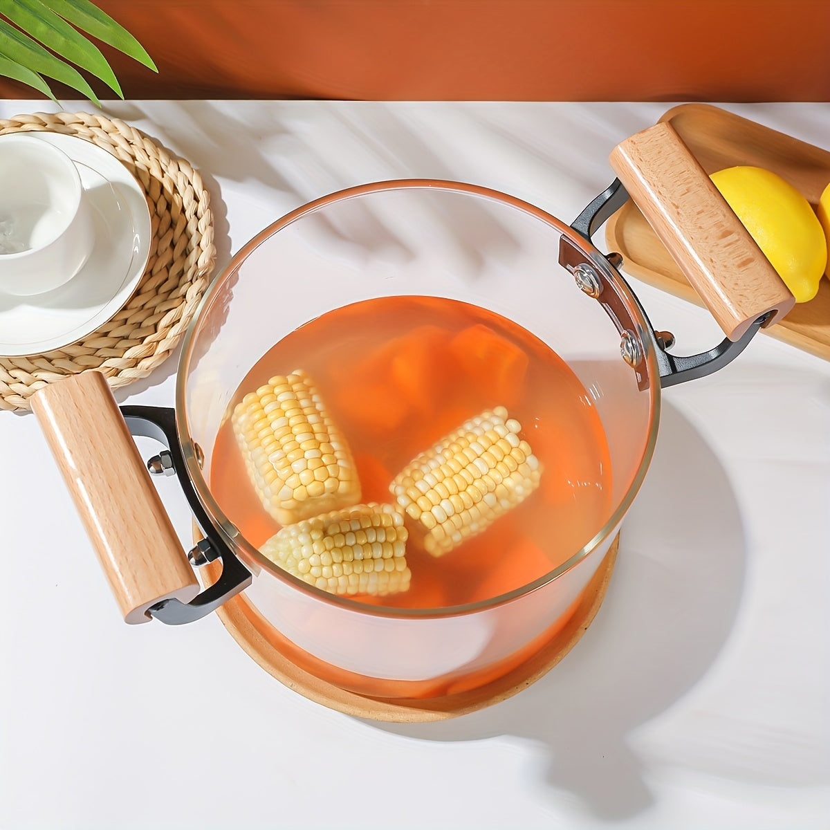 Glass Saucepan with Lid 4.5L Borosilicate Dual Wooden Handles for Soup and Noodles