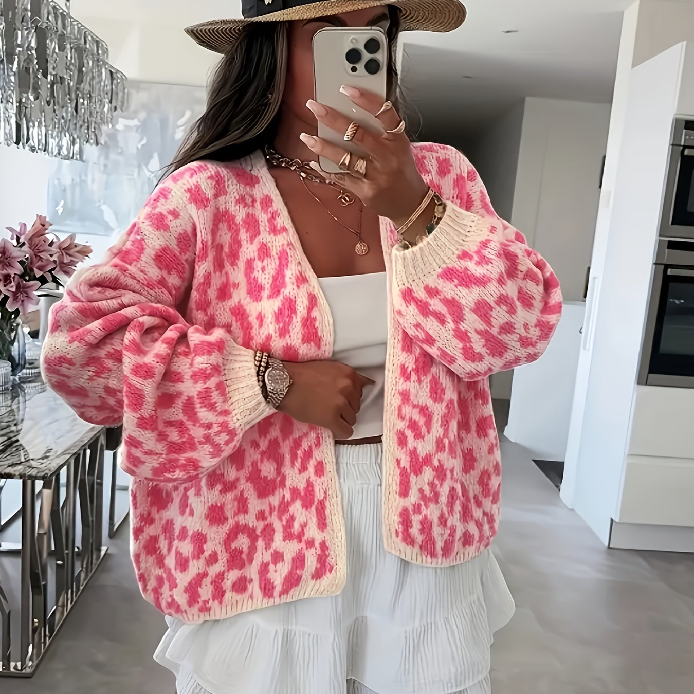 Plus o'lcham ayollar uchun fleece cardigan leopard print gullar ochiq old kiyim