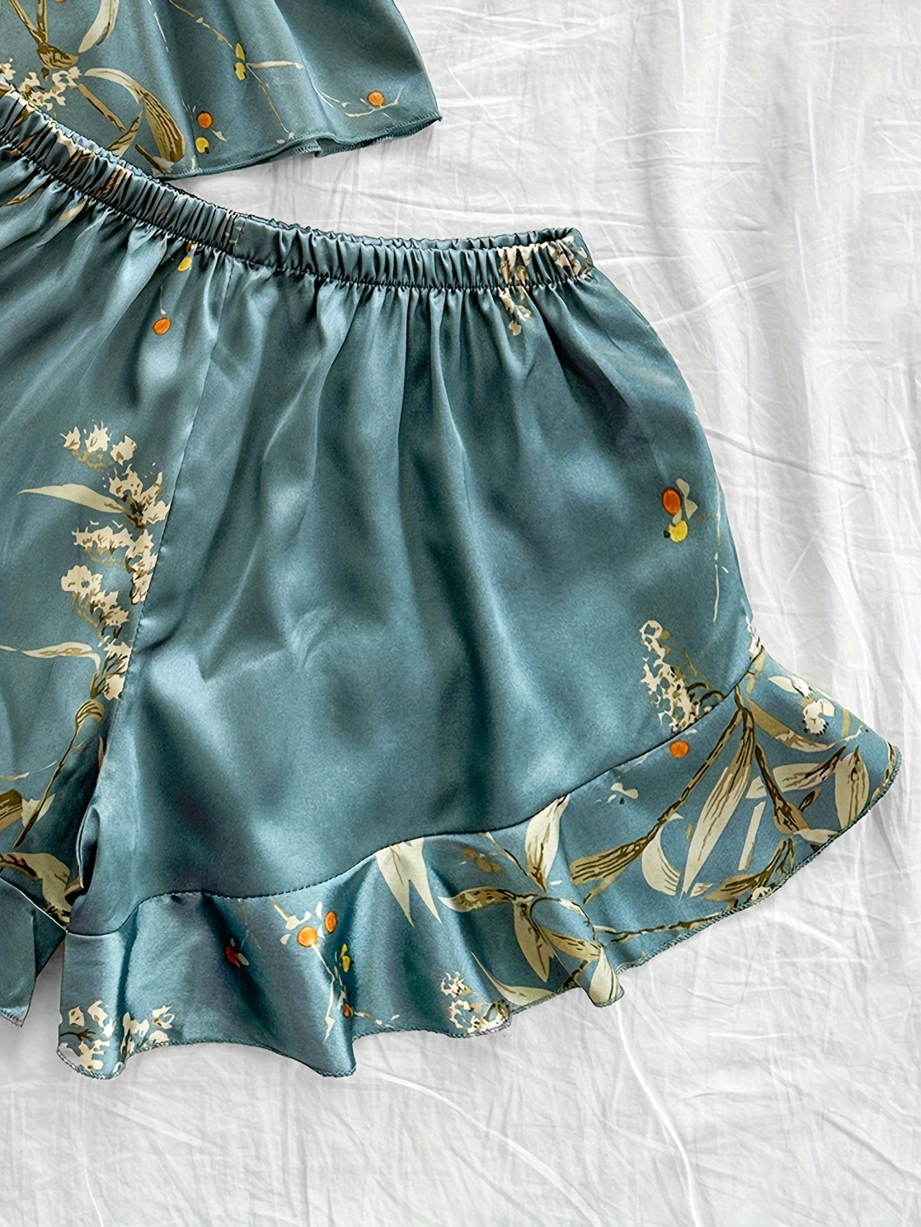 Women's Cherry Print Pajama Set with Ruffle Shorts 100% Polyester All-Season