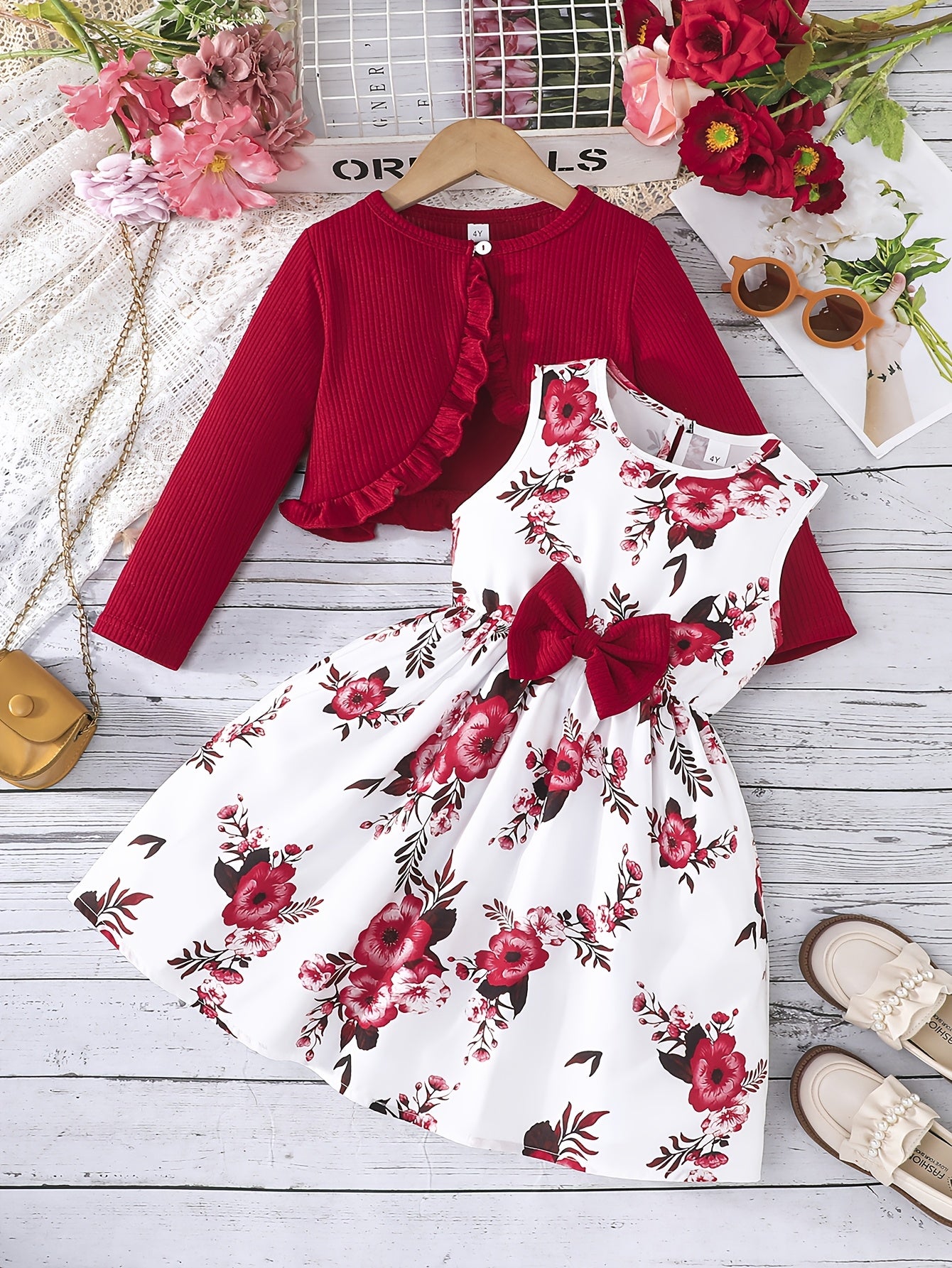 Girls' 2-Piece Floral Sundress and Ruffle Cardigan Outfit for Spring Fall Casual
