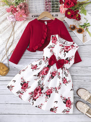 Girls' 2-Piece Floral Sundress and Ruffle Cardigan Outfit for Spring Fall Casual