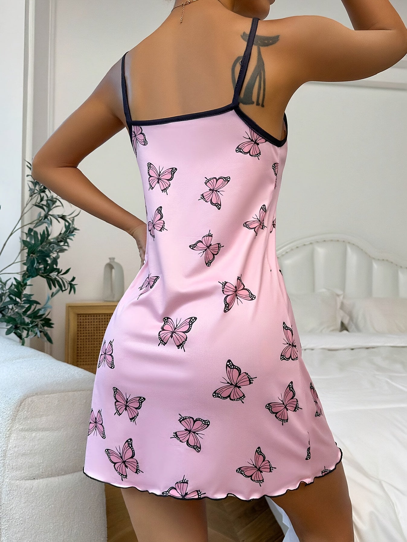 Women's Butterfly Print Sleepwear Dress with Frill Trim and Round Neck