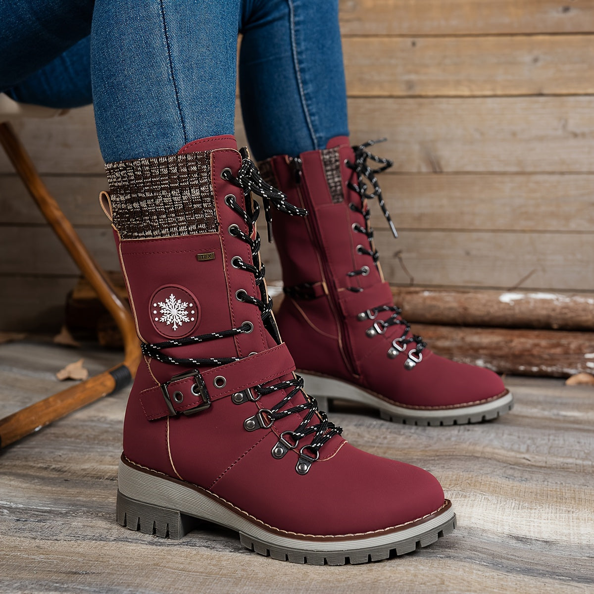 Women's Winter Mid-Calf Boots Fleece-Lined Lace-Up Buckle Rubber Sole