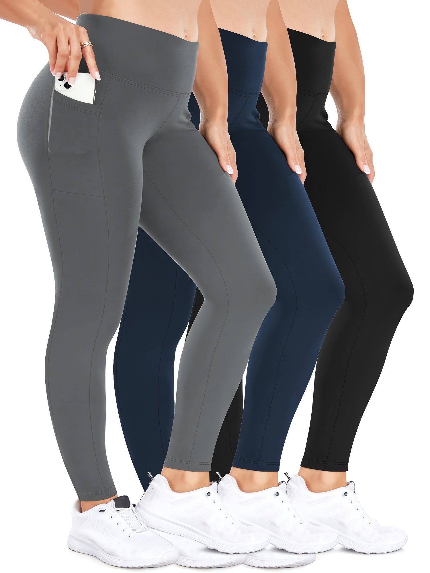Plus Size Womens Leggings with Pockets High Waisted Tummy Control Black Yoga Pants 3 Pack