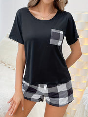 Women's Black Plaid Summer Pajama Set Short Sleeve Top with Pocket and Blue Drawstring Shorts