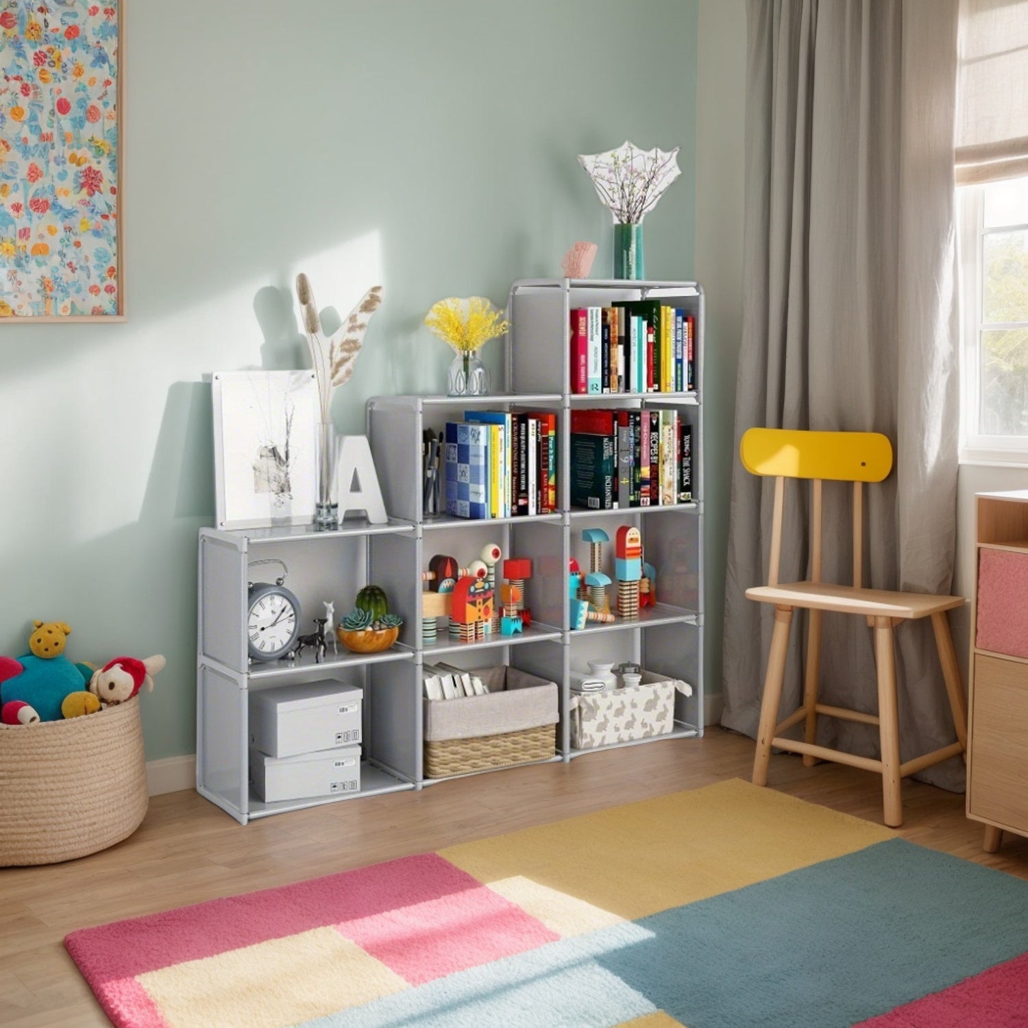 9-Compartment Waterproof Metal Bookcase with Reinforced Steel Tubes in Grey