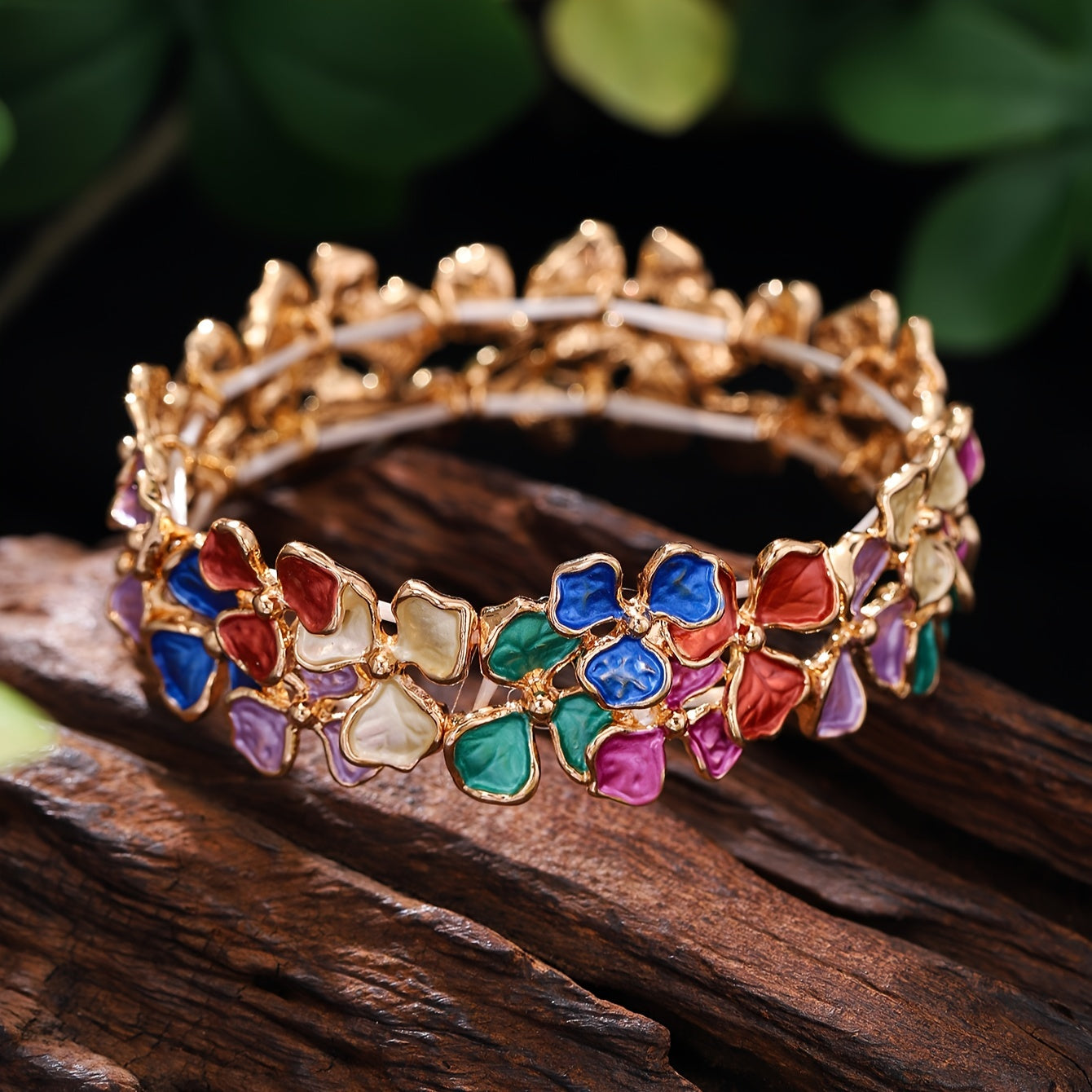 Women’s Enamel Flower Bracelet 18K Gold Plated Zinc Alloy Stretch Bangle Jewelry