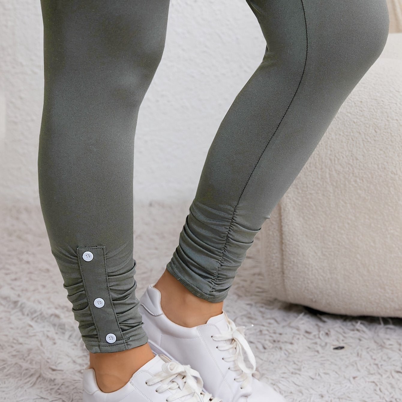 Women's High-Waisted Black Leggings with Button Details