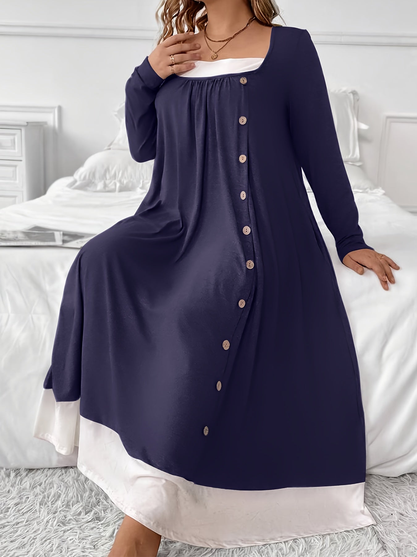 Plus Size Women's Sleep Dress Long Sleeve Nightgown Lounge Wear