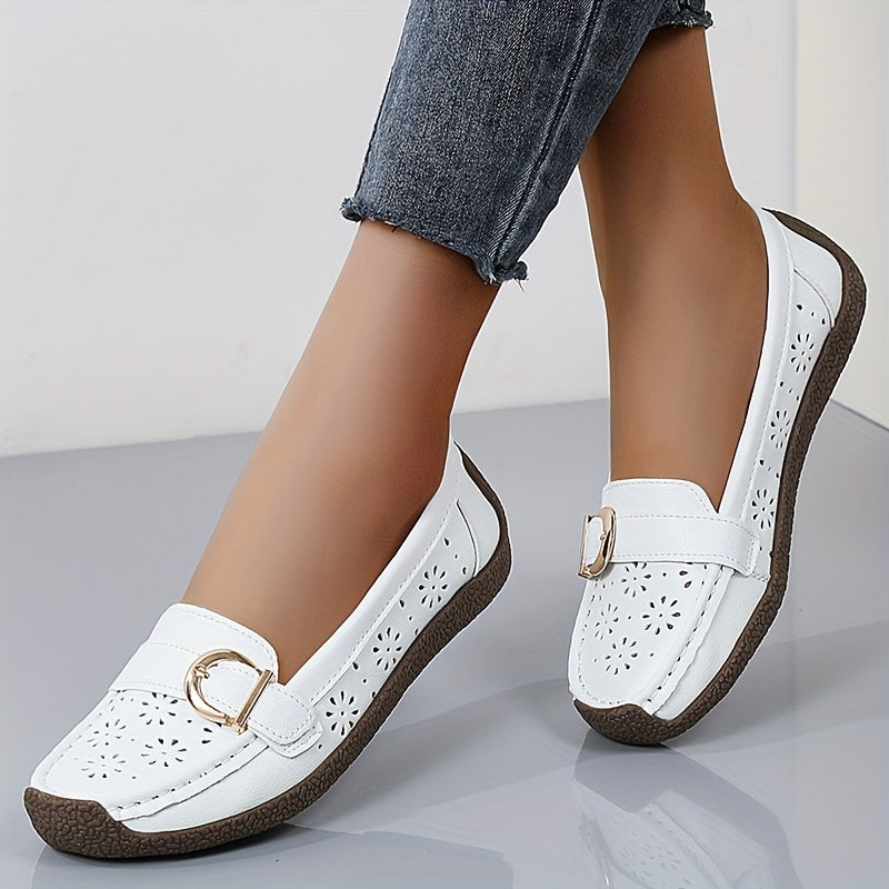 Women's White Slip-On Loafers with Ventilation Holes, Gold Buckle, Soft TPR Sole