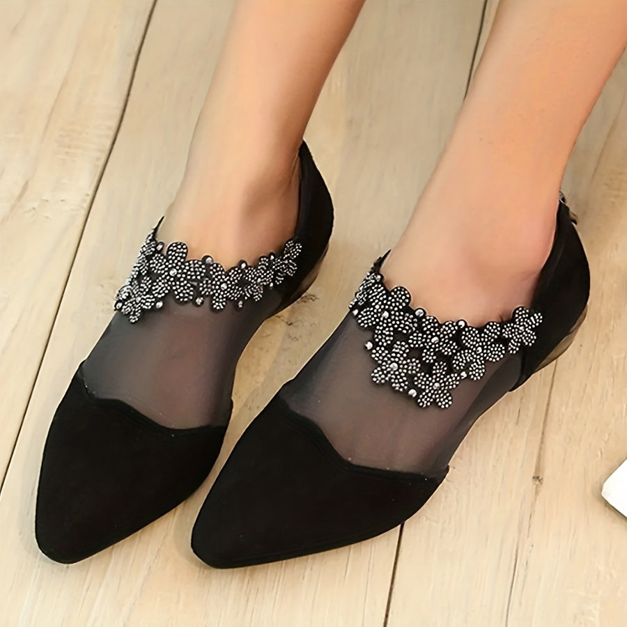 Women's Rhinestone Mesh Low Heel Sandals with Pointed Toe and Zipper