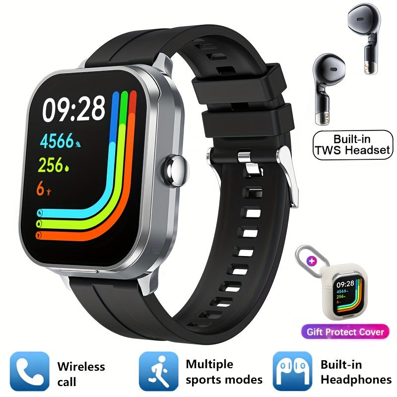 2-in-1 Smart Watch with TWS Earbuds Wireless Charging Large TFT Screen Square Alloy Case Interchangeable Straps Weather Call Date Features