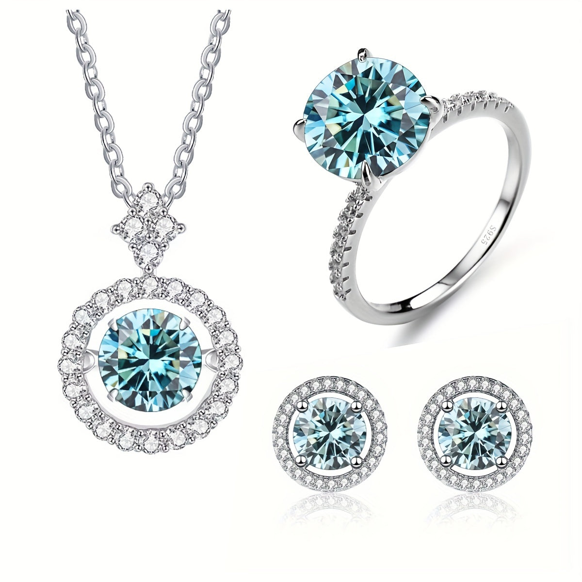 Set of 4 Moissanite Earrings 1ct Each Sterling Silver with Ring and Necklace in Multiple Colors
