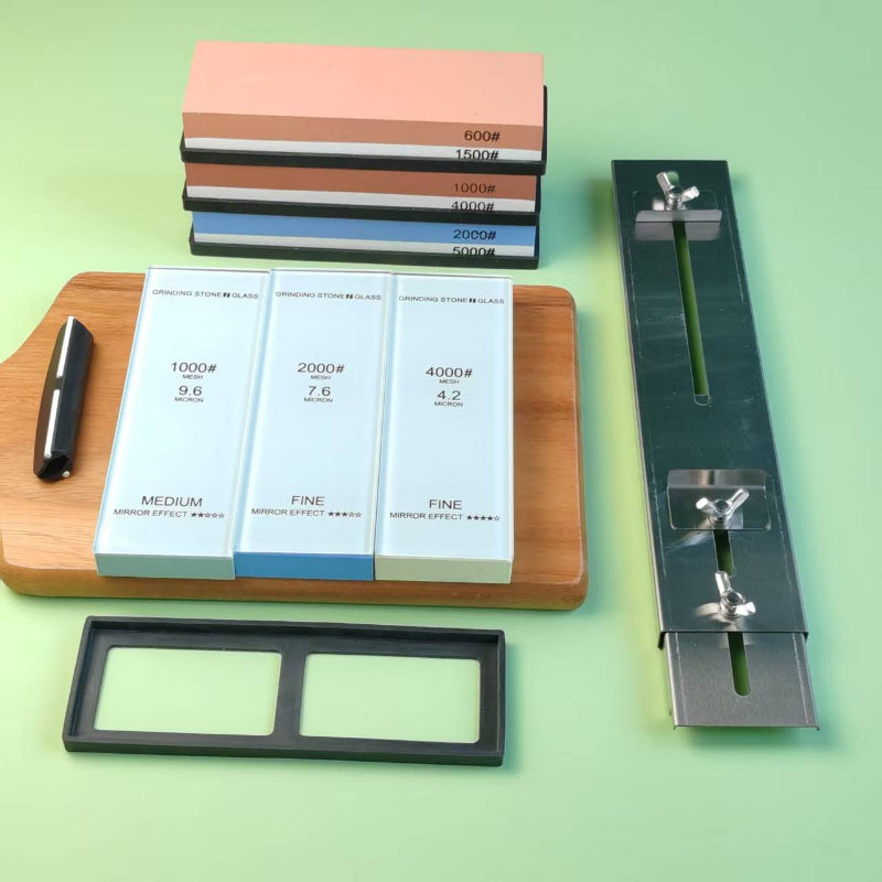 Dual-sided glass oilstone sharpener with adjustable length stainless steel groove corner guide rail for knives