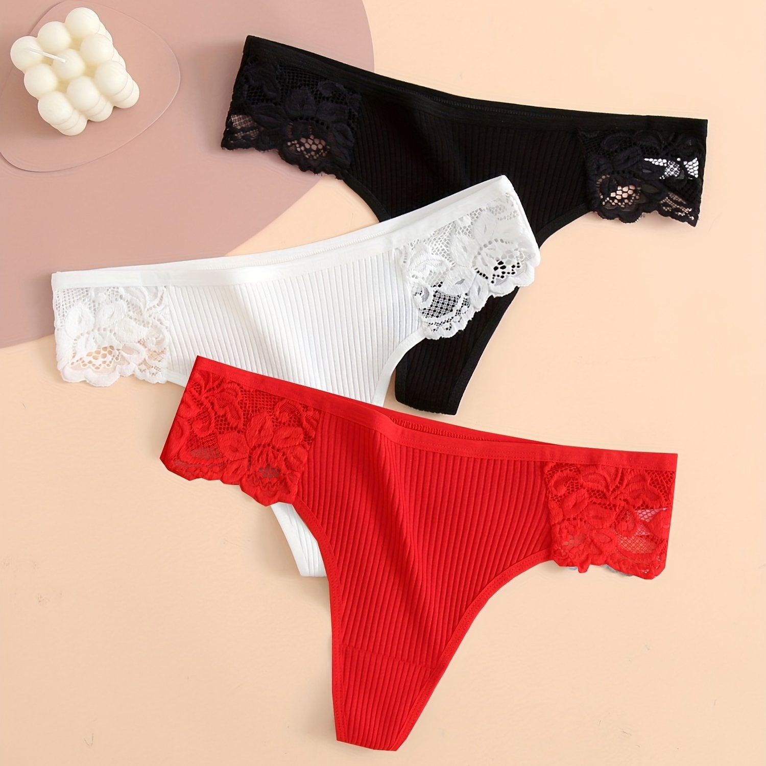 Women's Cotton Lace Thongs Set 3 Pack Soft Ribbed Comfortable Underwear