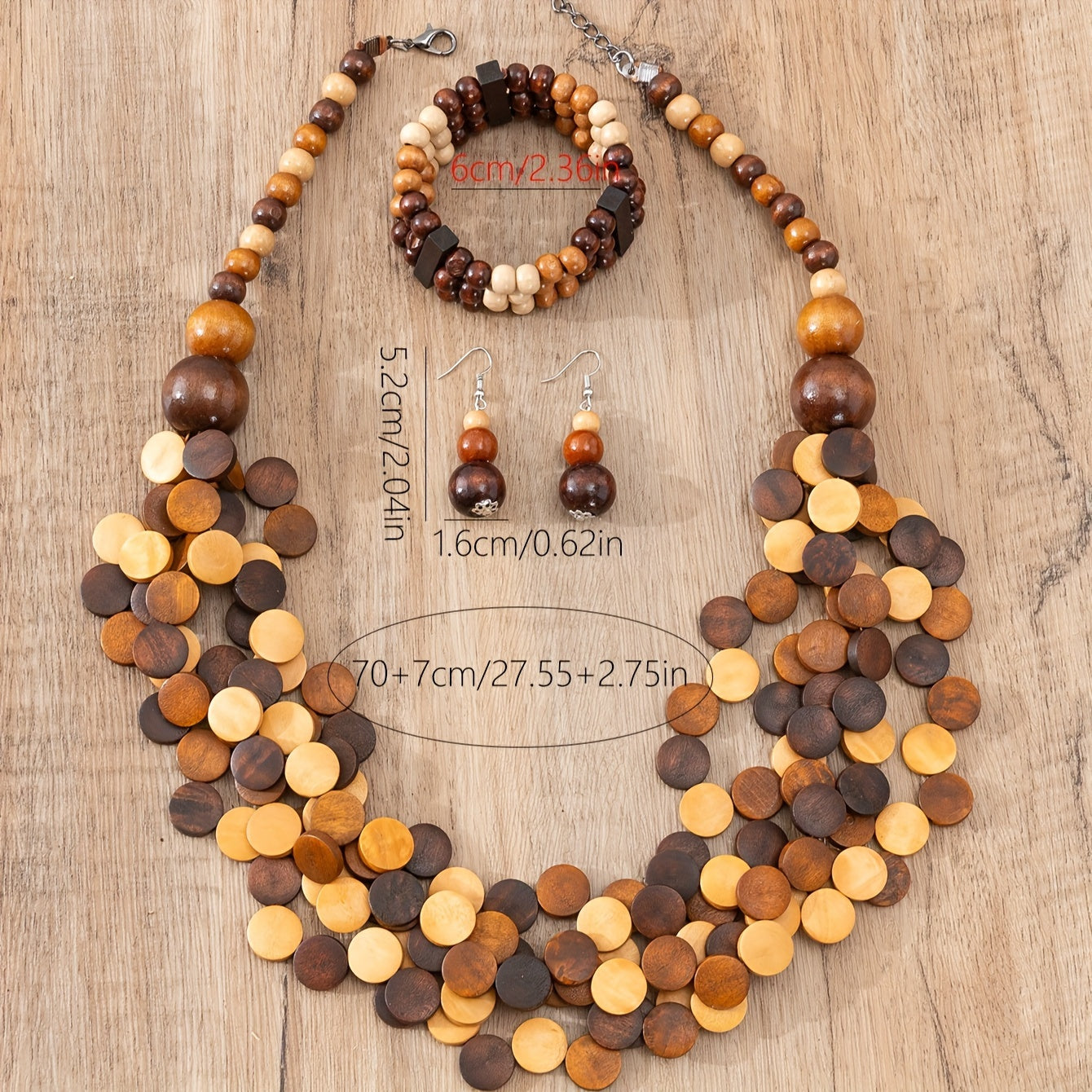 Conjunto de joyería estilo boho: pendientes, collar y pulsera de cuentas de madera para uso diario o en fiestas