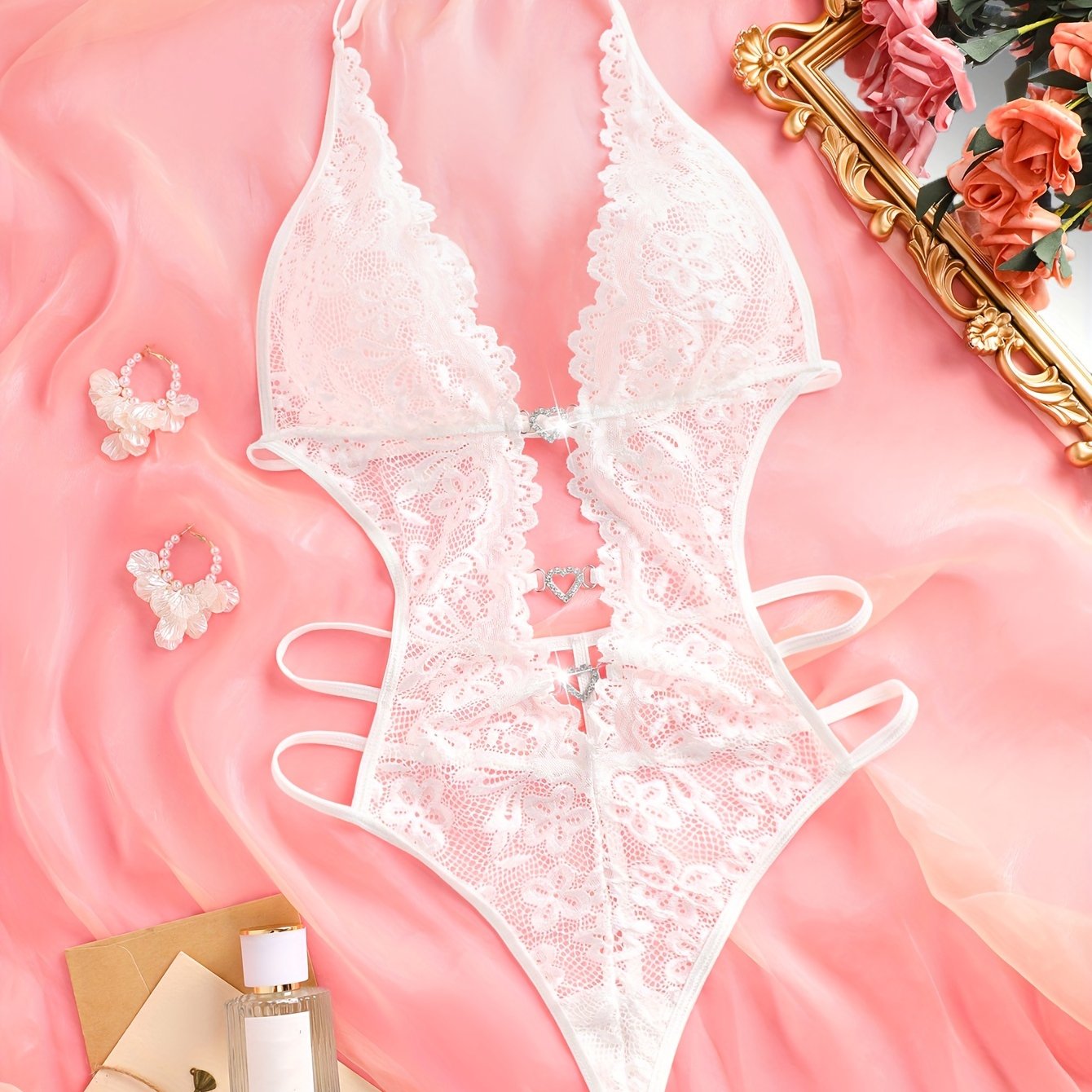 Green Lace Bodysuit for Women with Front and Middle Cutouts