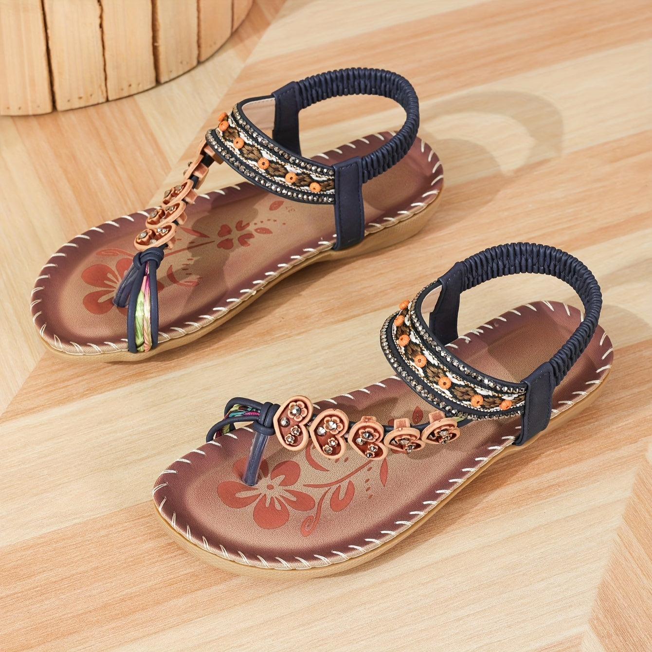 Women's Bohemian Flat Sandals with Beaded Rhinestone Accents in Brown and Gold