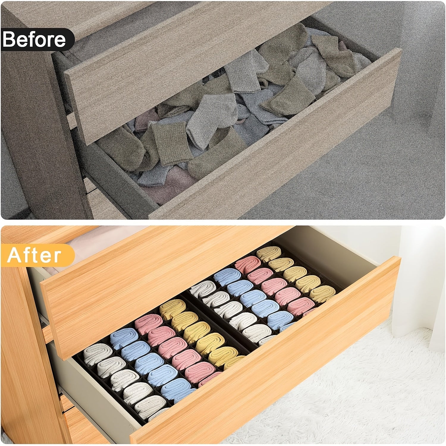 Set of 2 Sock and Underwear Storage Boxes with 24 Compartments for Closet Organization