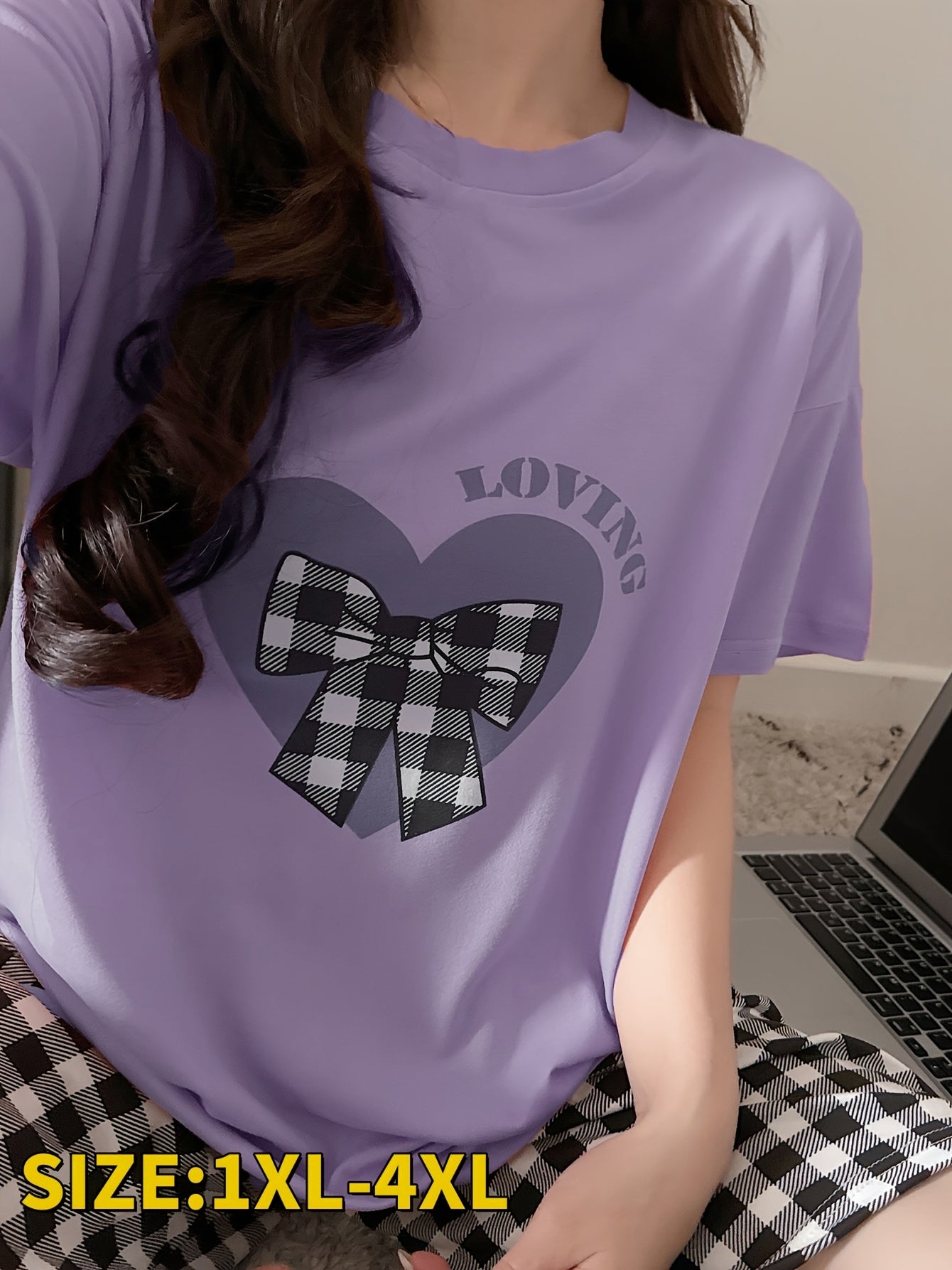 Women's Plus Size Pajama Set Light Purple Heart Checkered Lounge Wear