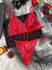 Women's Floral Lace Lingerie Set with Cut-Out Strappy Bra and Thong