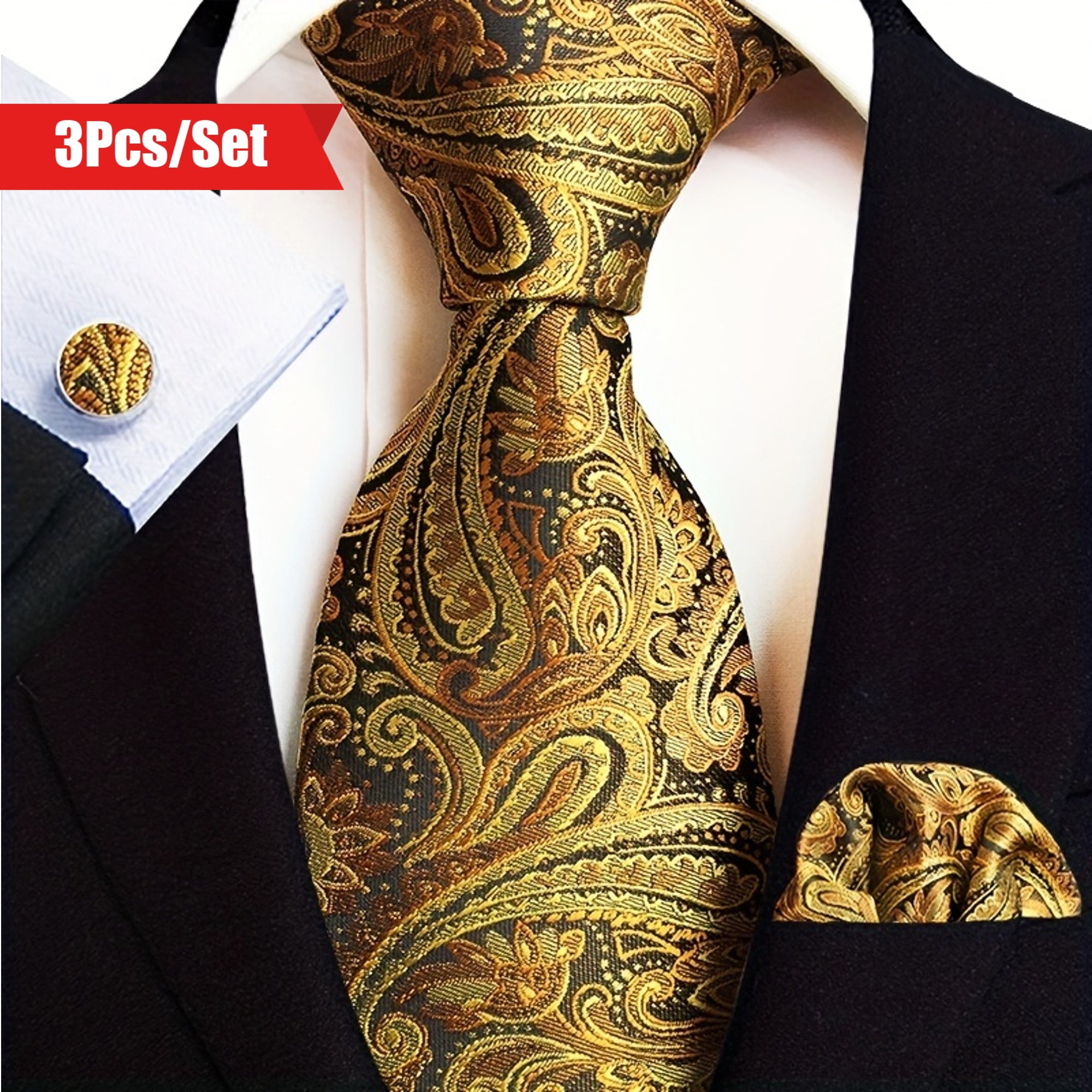 Set of 3 Paisley Jacquard Woven Neckties with Cufflinks and Pocket Squares for Men