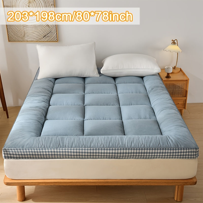 Full Size Japanese Floor Mattress with Thick Fluffy Padding Blue Foldable Tatami Cushion for Camping Dormitory Guest