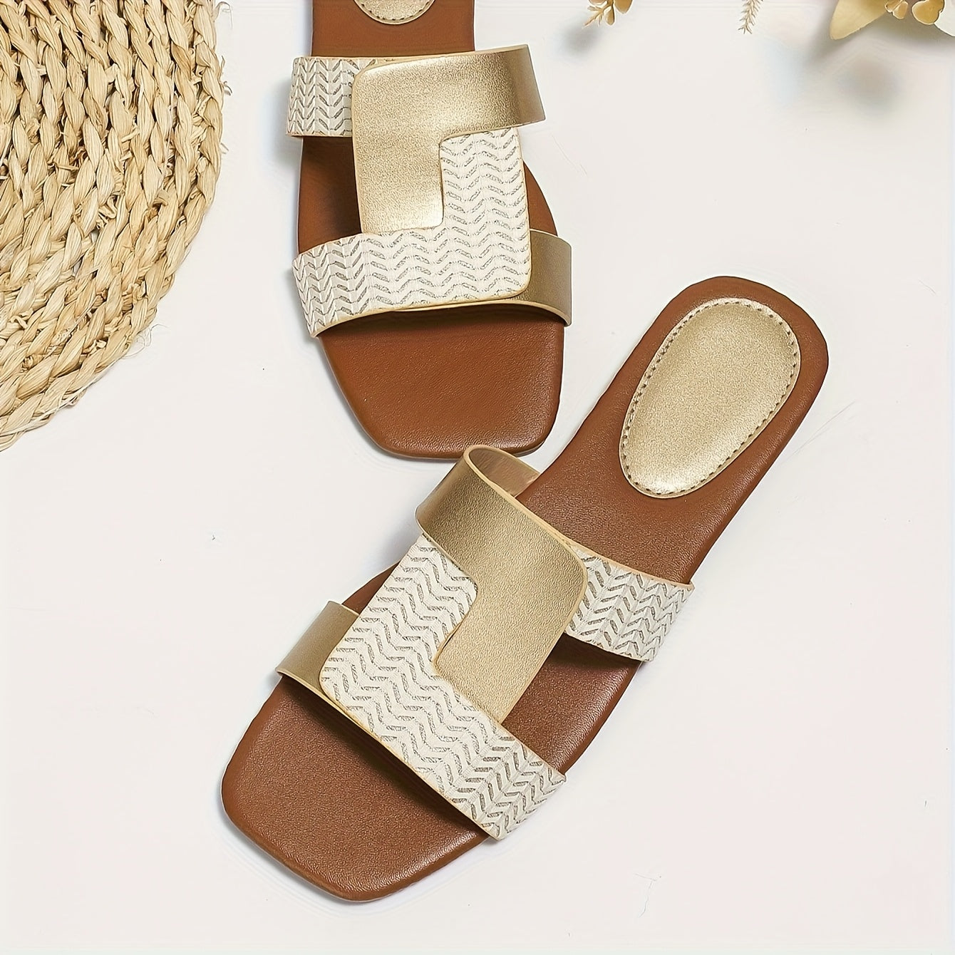 Women's Square-Toe Slide Sandals Two-Tone Gold and White Casual Summer