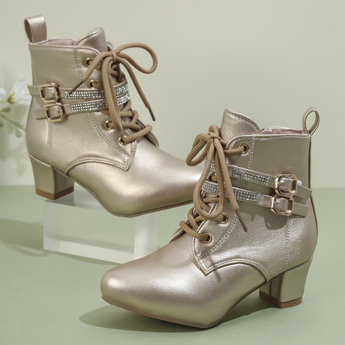 Women's White Ankle Boots with Golden Buckles Side Zipper Chunky Heel