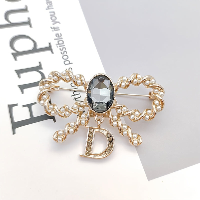 Vintage Butterfly Knot Brooch with Letter Charm Imitation Pearl and Glass Gemstone for Women