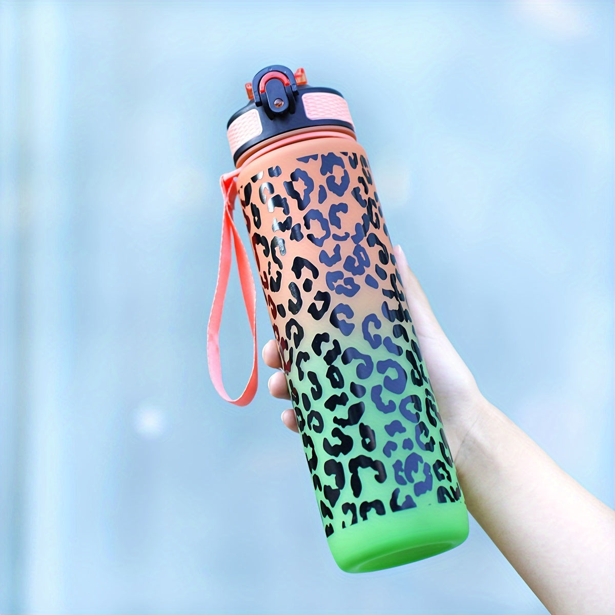 32oz Leopard Print Water Bottle with Straw PVC-Free for Running Cycling Fitness