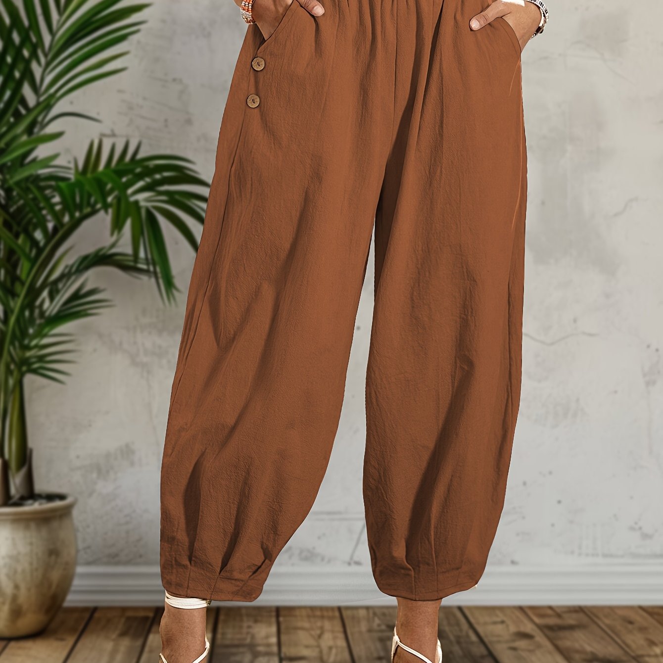 Plus Size Tapered Cotton Pants Pleated Button Hem Ladies' Fashion