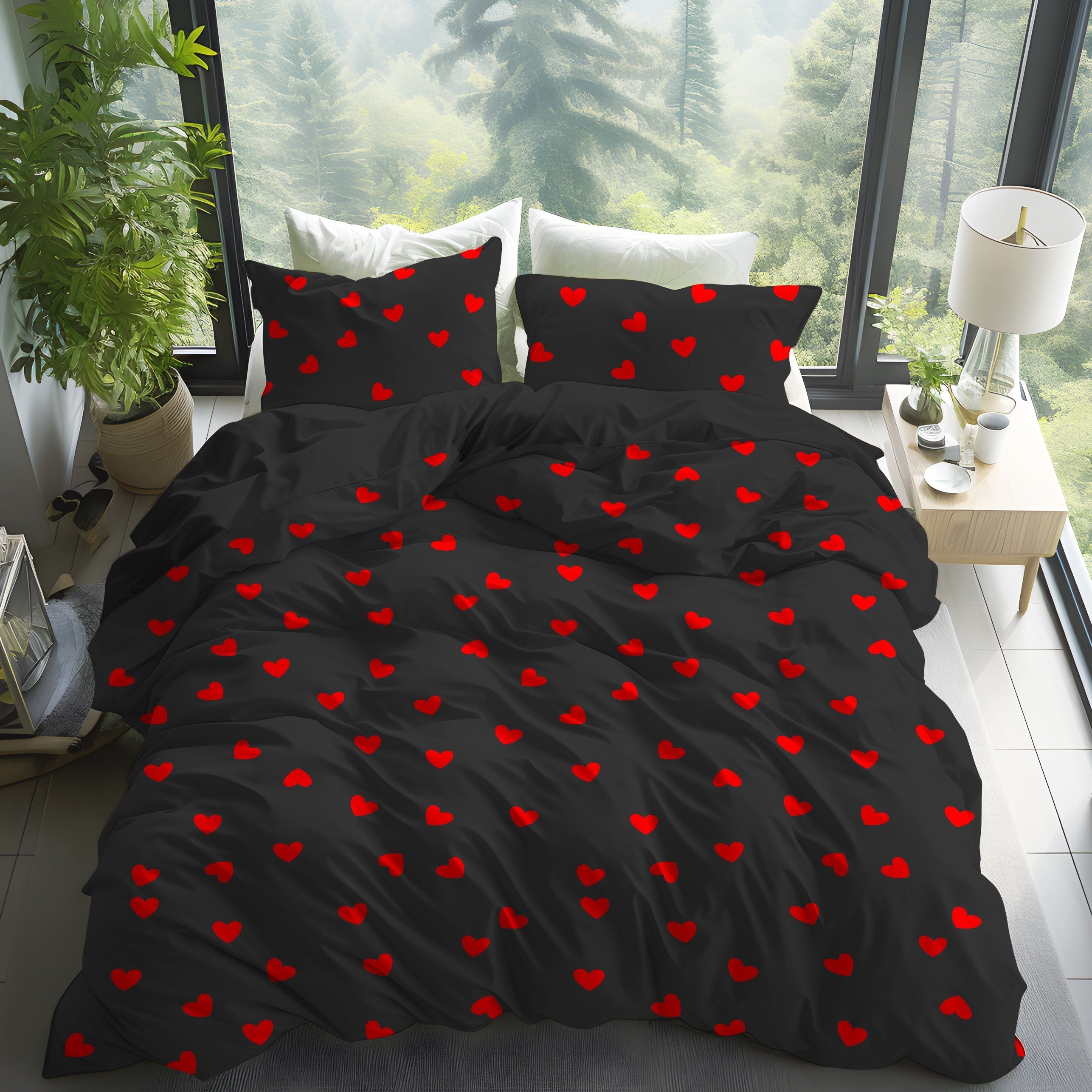 Valentine's Day Heart Print Bedding Set Duvet Cover and Pillowcases Soft and Skin-Friendly