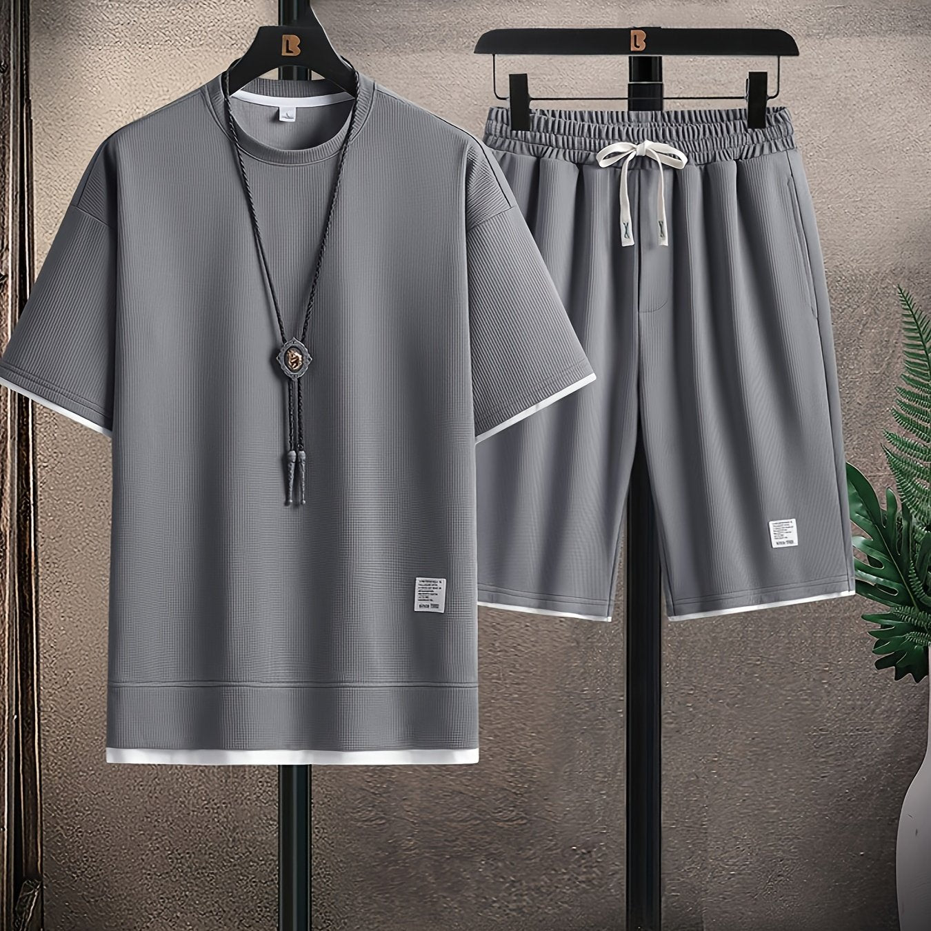 Camiseta de cuello redondo con patrón de cuadrícula de waffle para hombre, conjunto deportivo casual de dos piezas, transpirable, poliéster